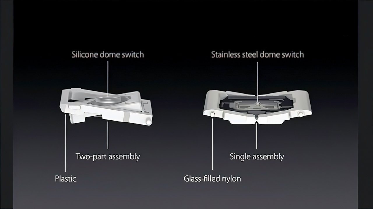 An Apple slide showing an old scissor-switch mechanism (left) next to the now-infamous butterfly mechanism