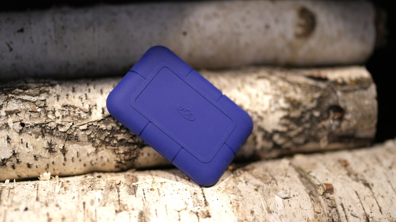 A purple rectangular hard drive rests on birch logs with textured bark in soft lighting.