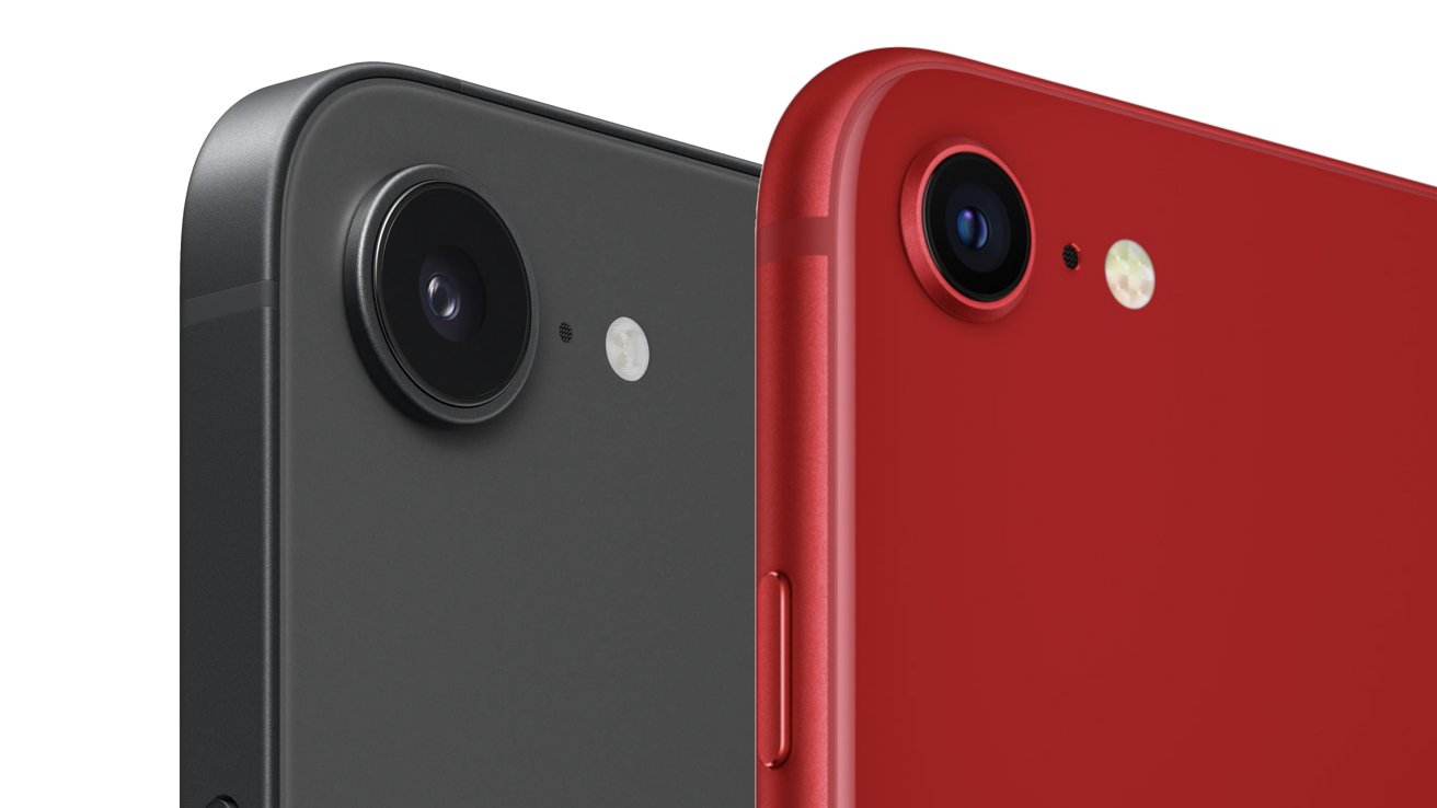 Close-up of two smartphone backs showing black and red colors, with camera lenses and flash modules visible.