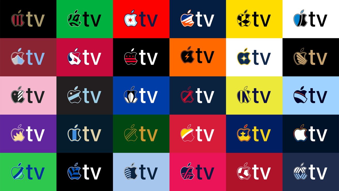Grid of Apple TV logos, each with a unique color and emblem inside the apple, set against various colored backgrounds.
