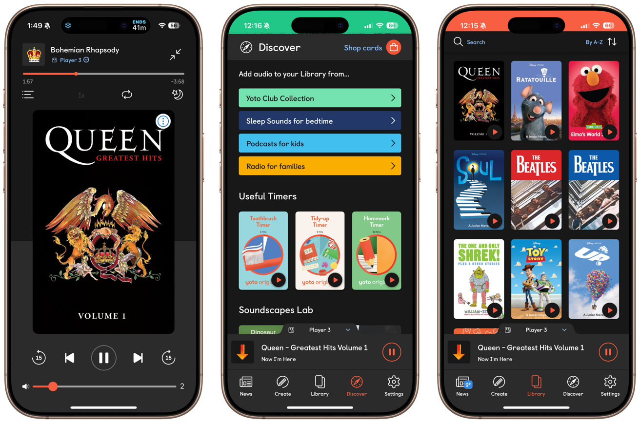 Screenshots of the Yoto app showing various content that is available from a Queen song to podcasts